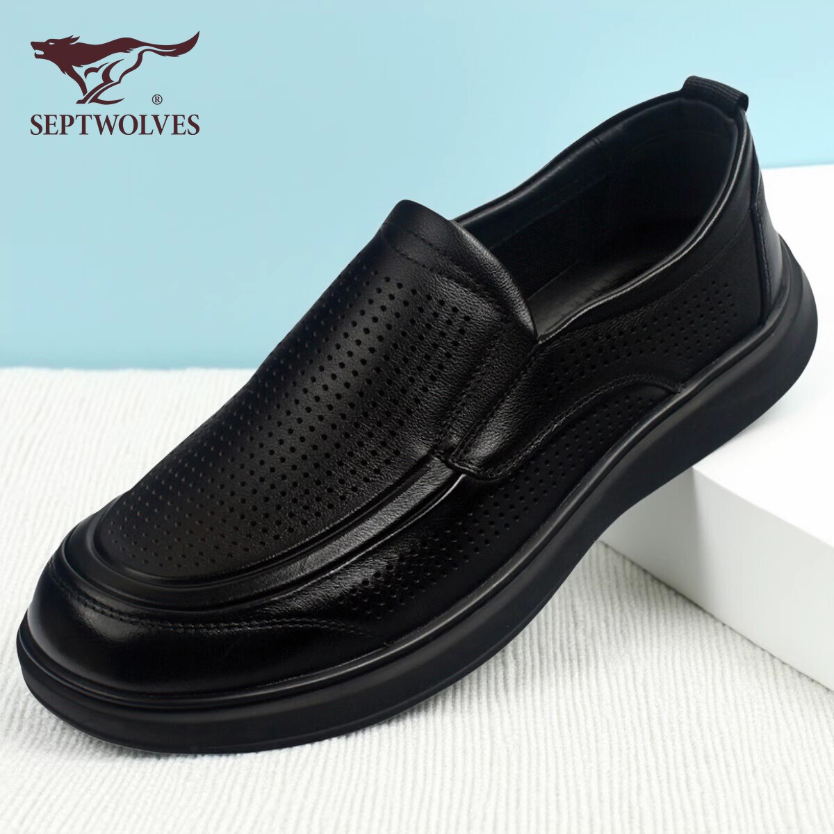 七匹狼品牌时尚软牛皮男鞋韩版商务休闲鞋软底工装打孔镂空凉鞋子