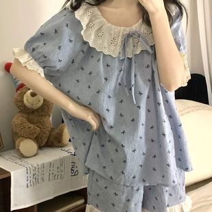 家居服套装 韩版 云朵棉甜美公主风蝴蝶结蕾丝边短袖 睡衣女夏季 新款