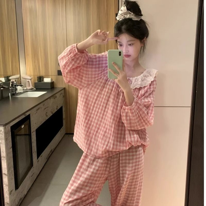 韩版甜美大翻领蕾丝花边睡衣套装
