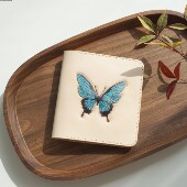 钱包卡包 秋山手作头层牛皮小众设计皮雕蝴蝶短款 Blue butterfly