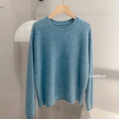 湖蓝亮片羊毛宽松慵懒毛衣女