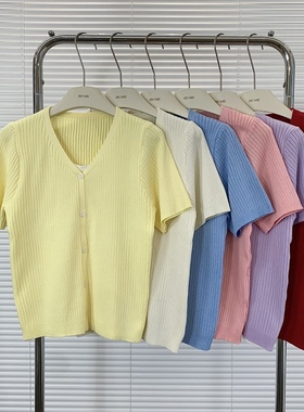 韩系蓝色冰丝针织短袖t恤女夏季小个子别致短款假两件设计感上衣