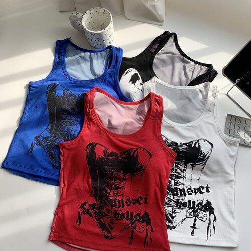 美式印花辣妹无袖工字上衣夏季