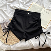 百搭显瘦外穿短裤 两侧系带高腰一粒扣黑色休闲裤 女2021年秋冬韩版