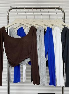 秋季港味纯欲蓝色上衣女不规则修身短款长袖辣妹韩系打底衫t恤ins