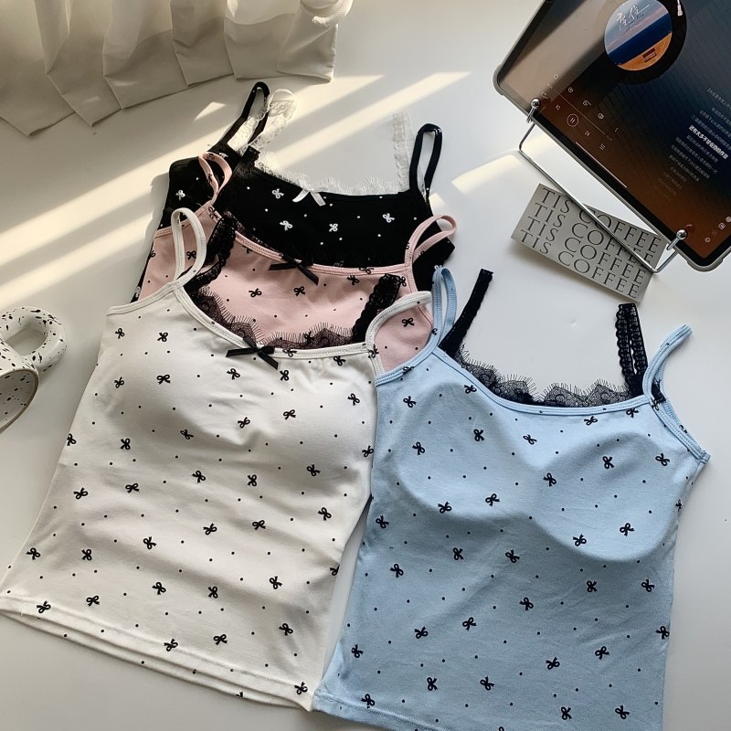 韩系甜辣妹蝴蝶结吊带背心女夏季外穿性感蕾丝花边带胸垫绝美小衫,女装/女士精品,背心吊带,淘宝优惠券,粉丝福利购,淘宝优惠卷