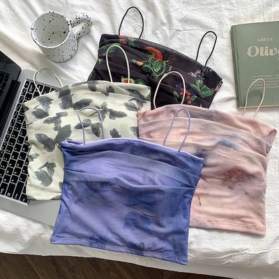 蝴蝶晕染内搭印花吊带背心ins