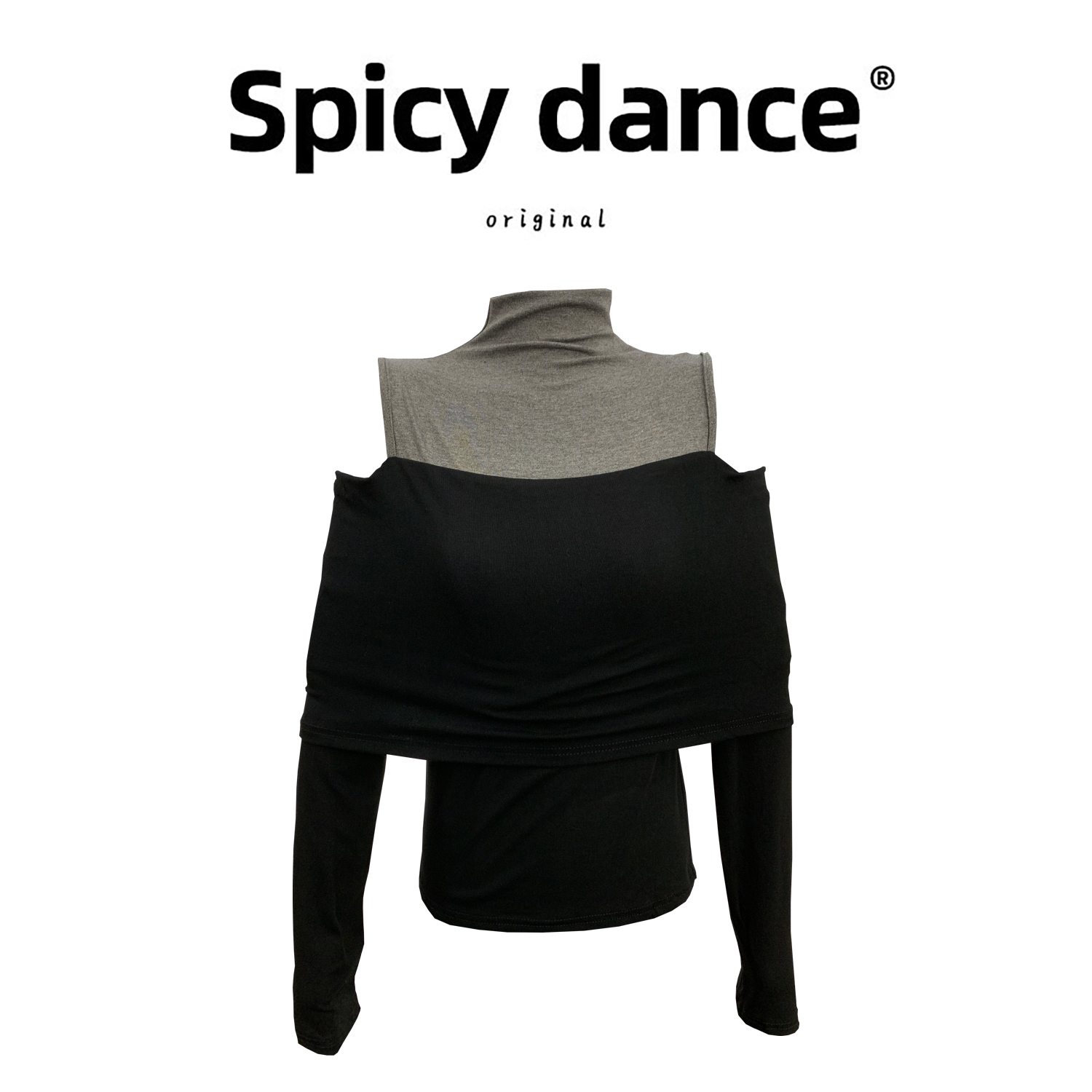 撞色假两件上衣女高领露肩长袖