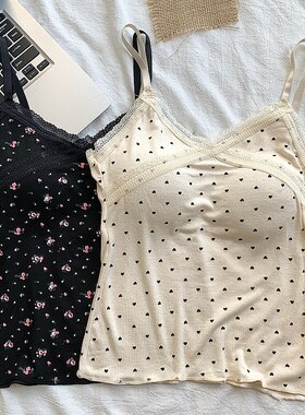 黑色蕾丝碎花爱心性感吊带背心女装夏季小个子打底衫内搭外穿上衣