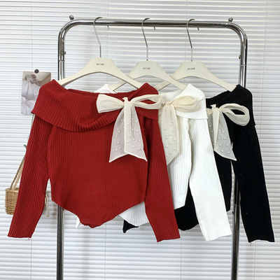 一字肩蝴蝶结针织打底衫女冬季