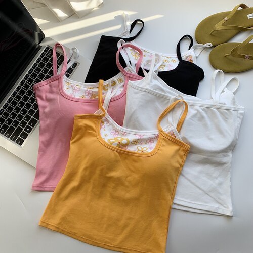 纯欲辣妹撞色碎花假两件吊带