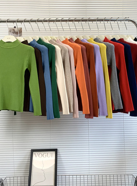 2023秋冬新款半高领螺纹打底衫女韩版紧身针织衫内搭毛衣黑色上衣