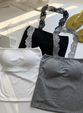 蕾丝拼接黄色挂脖抹胸背心女夏季修身内搭设计感外穿纯欲针织上衣