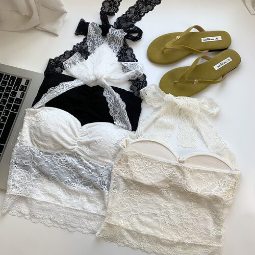 蕾丝露肩挂脖系带背心性感