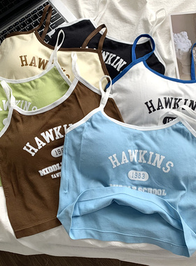 美式复古印花小吊带背心女内搭春季款辣妹穿搭带胸垫无袖短款上衣