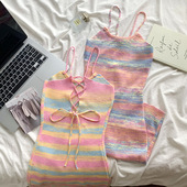 甜辣妹彩虹条纹吊带连衣裙仙女夏季 性感针织短裙露背收腰包臀裙子