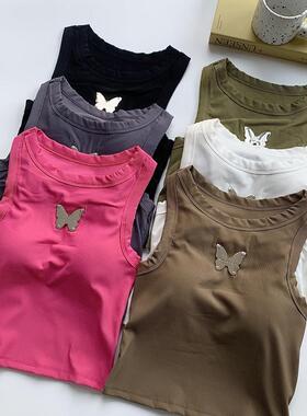 蝴蝶印花黑色背心内搭性感辣妹修身美式复古ins打底潮