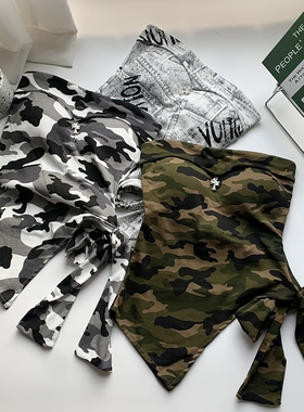 设计感辣妹带胸垫抹胸背心女装夏季迷彩印花复古裹胸外穿短款上衣