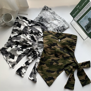 设计感辣妹带胸垫抹胸背心女装夏季迷彩印花复古裹胸外穿短款上衣