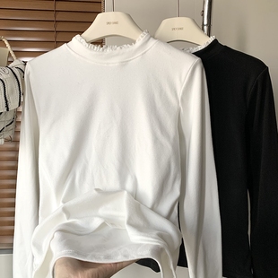 德绒花边拼接半高领打底衫女秋冬双面磨毛修身设计感针织衫内搭yx