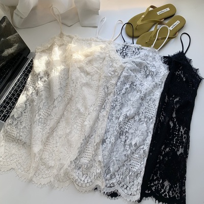 睫毛蕾丝勾花纯欲黑色吊带衫女2025秋装韩版性感叠穿镂空背心上衣