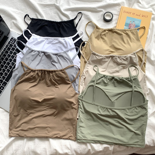 带胸垫外穿黑色背内搭挂脖吊带衫