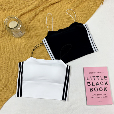 低领侧边条纹撞色修身打底小吊带