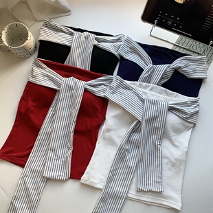 复古条纹系带一字肩带胸垫抹胸背心女2025夏季修身裹胸短款小上衣