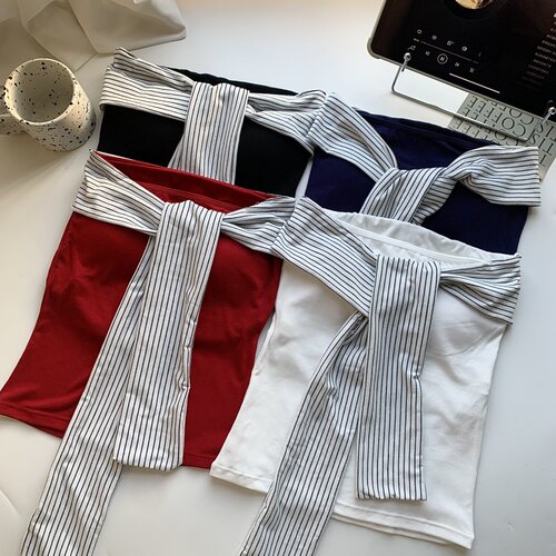 复古条纹系带一字肩带胸垫抹胸