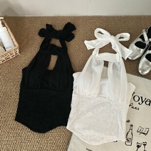 无袖 外穿上衣 设计感辣妹修身 纯欲白色网纱拼接挂脖吊带背心女春季