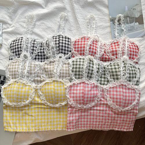 蕾丝花边格纹夏季上衣服超短款