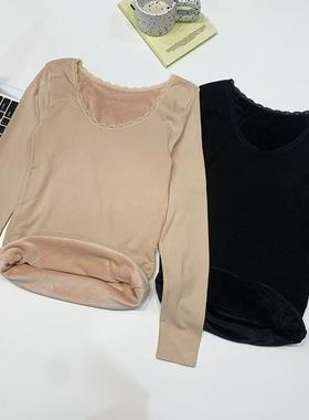 长袖女款加绒加厚面膜衣性感保暖蕾丝圆领打底上衣（袖子不加绒）