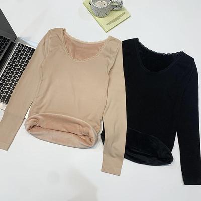 长袖女款加绒加厚面膜衣性感保暖蕾丝圆领打底上衣（袖子不加绒）