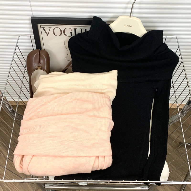 露肩长袖打底衫上衣秋装女粉色