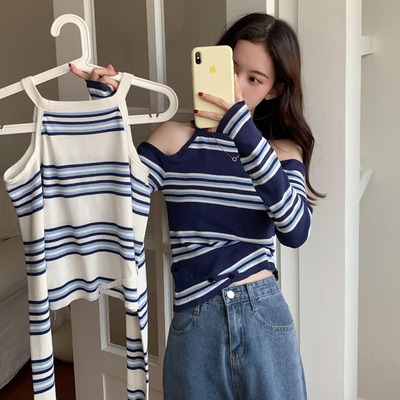 秋季挂脖露肩设计条纹女修身显瘦
