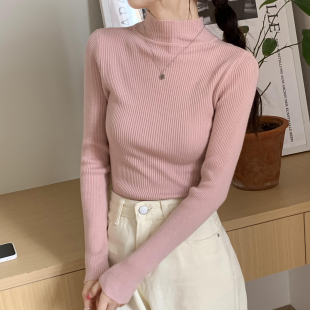 女黑色套头加厚纯色百搭毛衣 针织打底衫 秋冬新款 2021半高圆领长袖