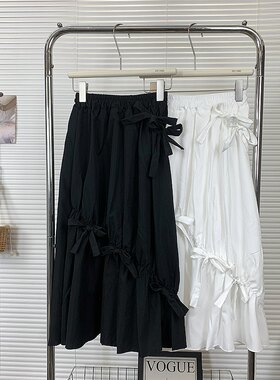 甜美宽松黑色a字裙高腰垂感裙子