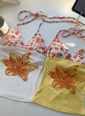 多巴胺黄色花朵印花带胸垫抹胸吊带背心女泰式绝美海边度假两件套