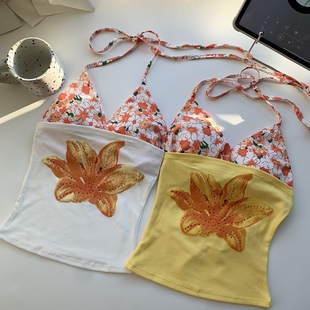 多巴胺黄色花朵印花带胸垫抹胸吊带背心女泰式 绝美海边度假两件套