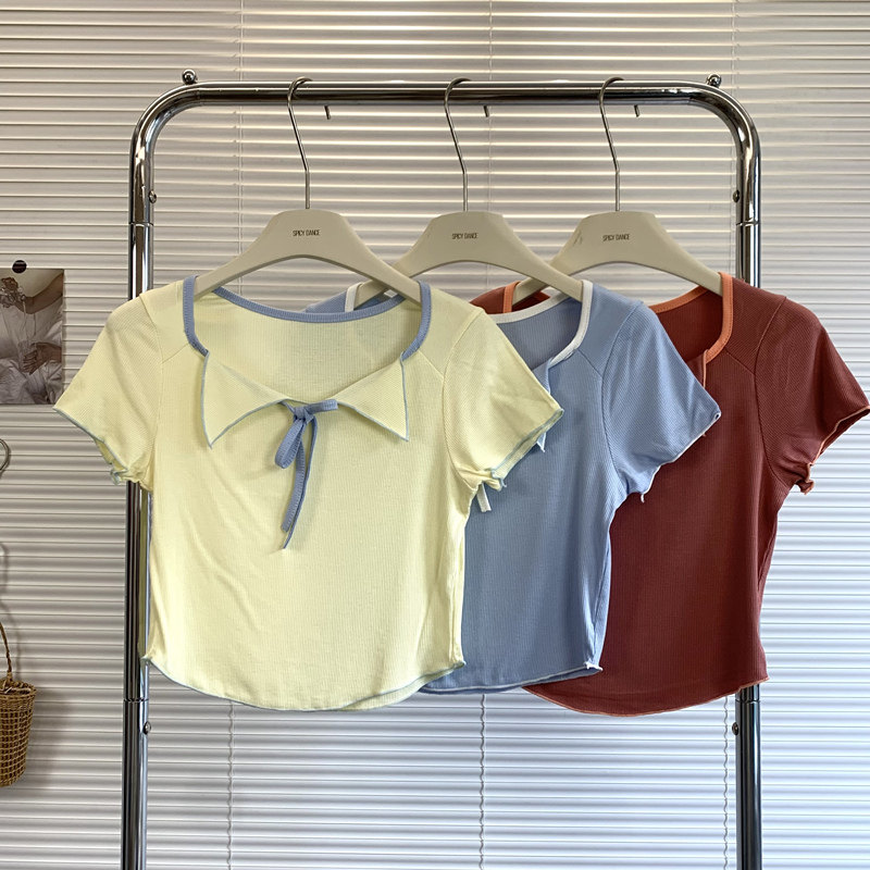 辣妹黄色方领正肩短袖T恤女设计感小众夏季短款修身绑带撞色上衣,女装/女士精品,T恤,淘宝优惠券,粉丝福利购,淘宝优惠卷