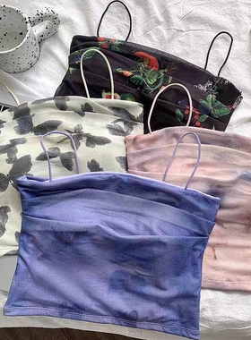 纯欲ins紫色蝴蝶晕染印花吊带背心女夏辣妹扎染内搭无袖网纱上衣
