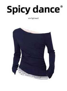 藏蓝色纯欲斜肩露肩修身长袖T恤女2025春秋季蕾丝打底衫上衣内搭