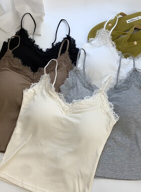 灰色蕾丝带胸垫吊带小背心女夏季外穿设计感小众V领内搭无袖上衣