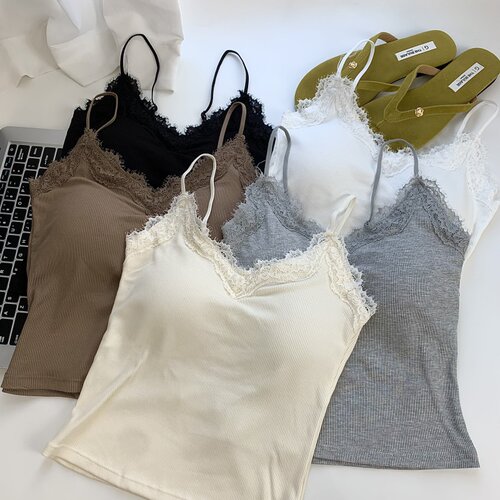 灰色蕾丝带胸垫吊带小背心女