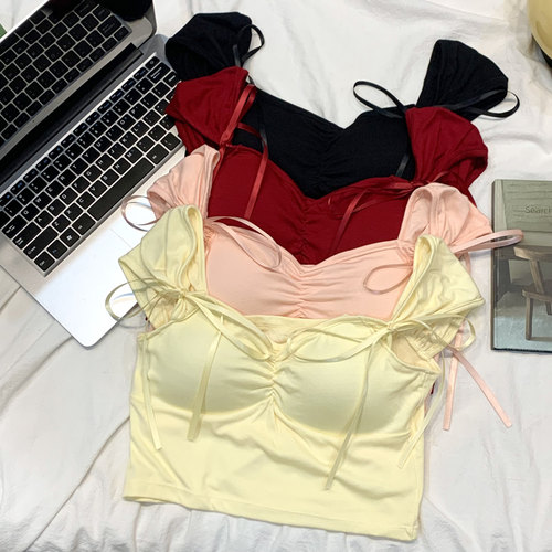 蝴蝶结绑带吊带短款背心上衣