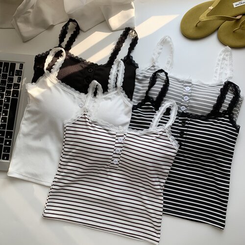 氧气甜妹蕾丝拼接肩带纽扣条纹