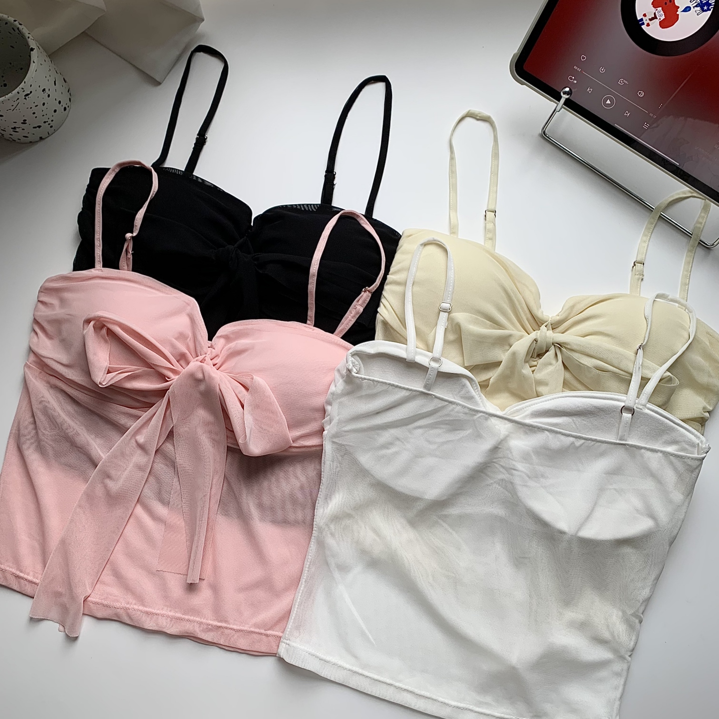 性感辣妹蝴蝶结系带网纱吊带背心