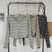 T恤 新款 短上衣修身 杏色条纹木耳边打底衫 显瘦长袖 女内搭春秋薄款