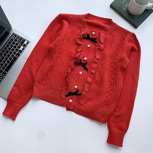 大红色短款针织开衫女春秋冬打底蝴蝶结毛衣外套义乌减龄小香上衣