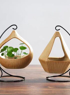 带铁架粗陶陶瓷花盆无孔水培花盆铜钱草绿萝碗莲水养器皿客厅桌面